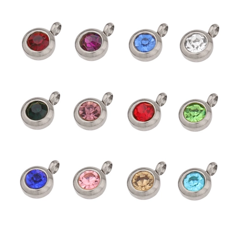 Round Stainless Steel Birthstone Pendants Charms With Cubic Zirconia For Jewelry Making Diy Craft Accessories