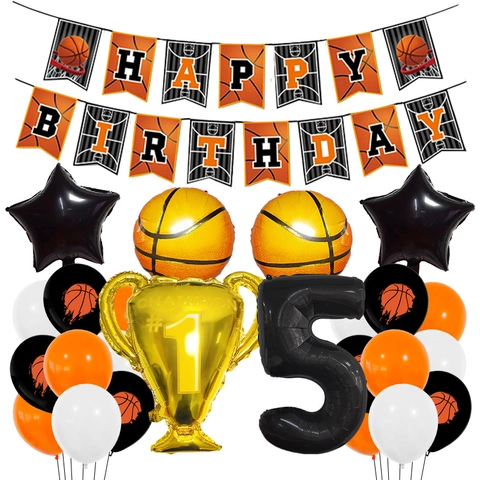 Basketball Birthday Party Decoration Aluminum Foil Trophy Number Balloons With Happy Birthday Banner For Kids Boys Sports Party
