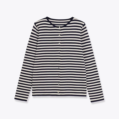 Women Striped Knit Cardigan Sweater Long Sleeve Round Neck Button Up Navy White Classic Casual French Style