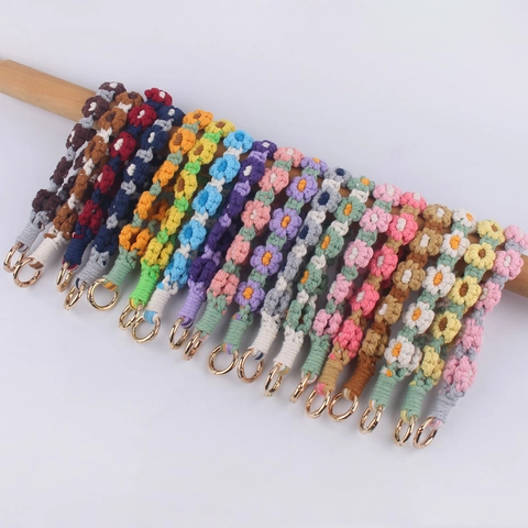 Hand Woven Flower Daisy Keychain Cotton Rope Lanyard Wrist Strap Bag Charm Colorful Floral Pendant Ornament