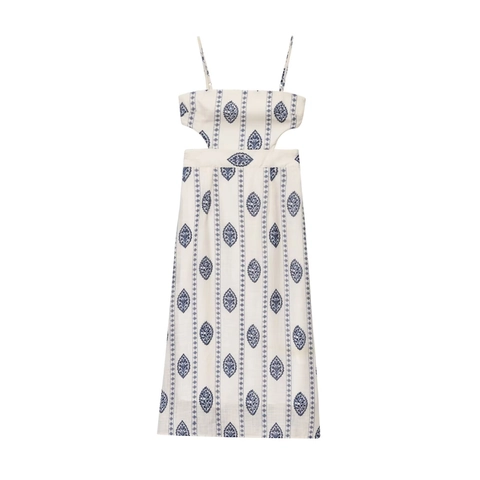 Women Bohemian Leaf Print Midi Dress Summer Spaghetti Strap High Waist Cut-Out Slim Fit Beach Holiday Ethnic A-Line Dress