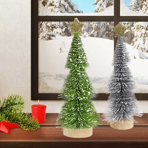 Mini Artificial Christmas Tree With Wooden Base Snow Tipped Desktop Tabletop Ornament Xmas Party Decoration Star Topper