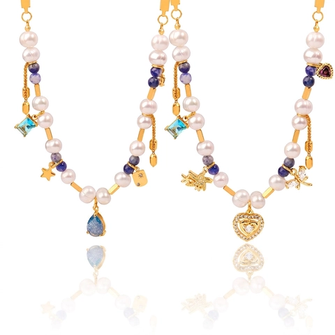 Collier Perlé Avec Perles D'eau Douce Pierre Naturelle Pendentifs Coeur Étoile Acier Titane Plaqué Or Bijoux Rétro Femme
