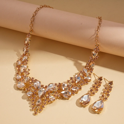 Collana E Orecchini Retro Lusso Strass Goccia D'acqua Champagne Gioielli In Lega Per Donne Matrimonio Banchetto