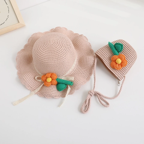 Kids Summer Straw Sun Hat Flower Decorative Wavy Brim Lace Ribbon Outdoor Beach Breathable Hat And Matching Bag For Girls