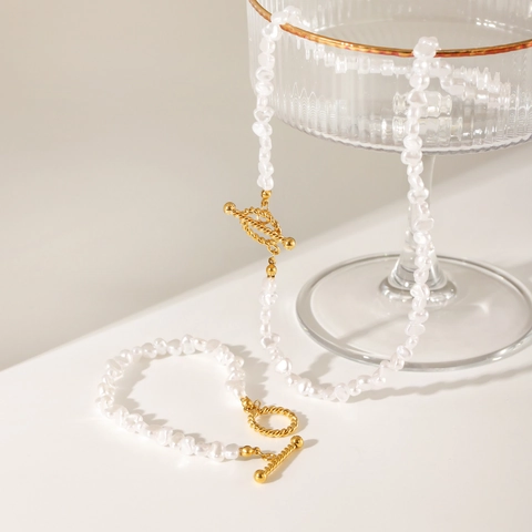 Baroque Artificial Pearl Necklace And Bracelet 18K Gold Plated Stainless Steel OT Toggle Clasp Elegant Jewelry For Women