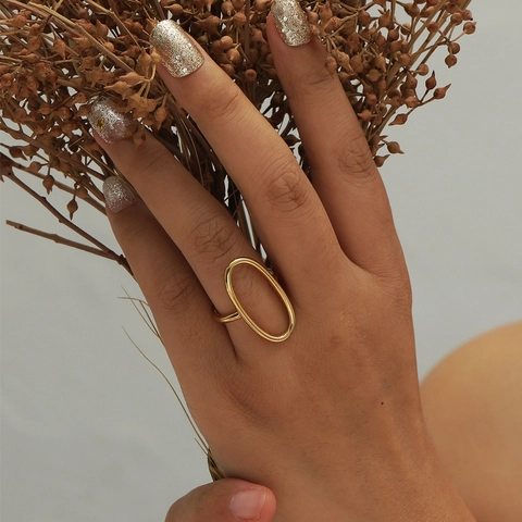 Minimalist 18K Gold Plated Brass Open Ring For Women Geometric Adjustable Hollow Oval Beaded Ring Fashion Jewelry Gift