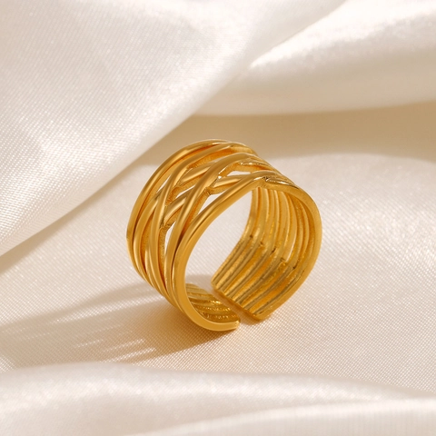 Edelstahl Ring 18K Vergoldet Mehrlagig Gekreuzte Linien Geometrisch Verstellbar Offen Minimalistischer Schmuck Für Frauen
