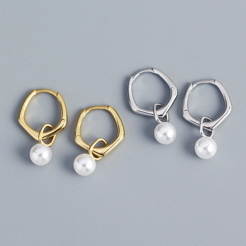 Geometric Artificial Pearl Dangle Hoop Earrings S925 Sterling Silver Polished Retro Elegant Jewelry For Women