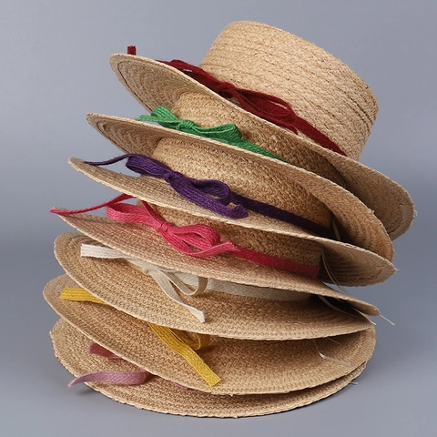 Hand Woven Raffia Boater Hat For Women Summer Sun Hat Flat Top Straw Hat With Colorful Bowknot Wide Brim Beach Vacation
