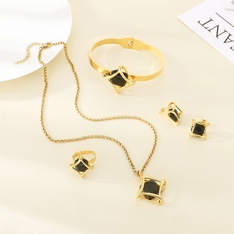 Geometrischer Edelstahl Schmuck Halskette Armband Offener Ring Und Ohrstecker Gold Vergoldet Quadratischer Stein Für Damen