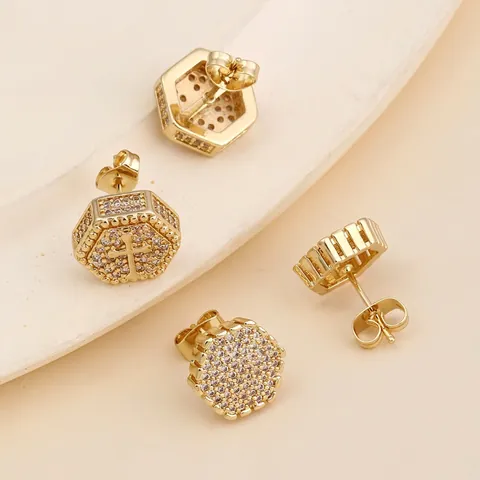 Hip-Hop Hexagon Kreuz Strass Ohrstecker Für Damen Herren Kupfer Galvanisiert Geometrisch Gold Silber Trendiger Schmuck