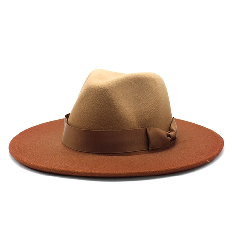 Vintage Gradient Wide Brim Wool Felt Fedora Hat Two-Tone Jazz Hat With Bow Ribbon Autumn Winter Warm Sun Hat