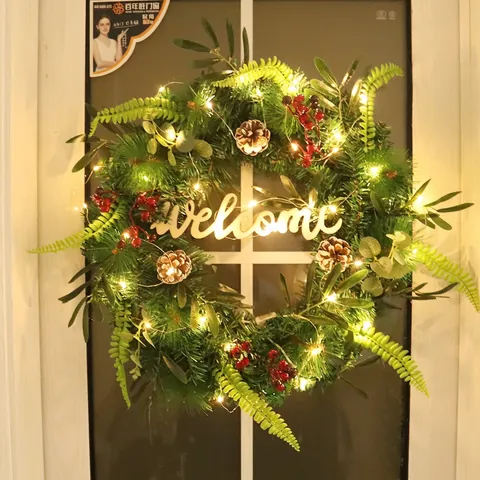 Ghirlanda Di Natale Artificiale Scritta Welcome In Legno Misto Aghi Di Pino Rami Di Olivo Bacche Rosse E Pigne Decorazione Per Porta Festiva