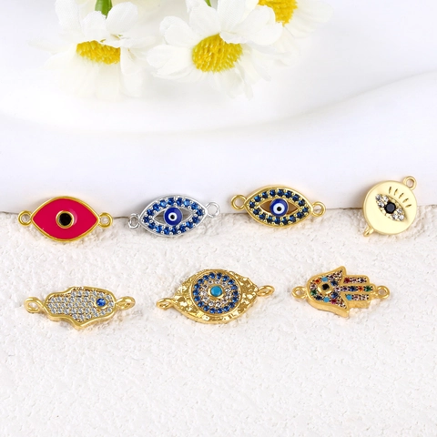 Böser Blick Hamsa Hand Schmuckverbinder Vergoldetes Kupfer Zirkonia Emaille DIY Armband Halskette Herstellung