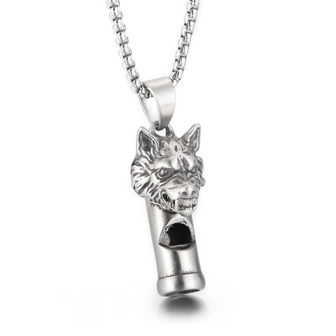 Vintage Wolf Head Whistle Pendant Necklace Titanium Steel Men Functional Matte Finish Retro Bold Animal Jewelry Design