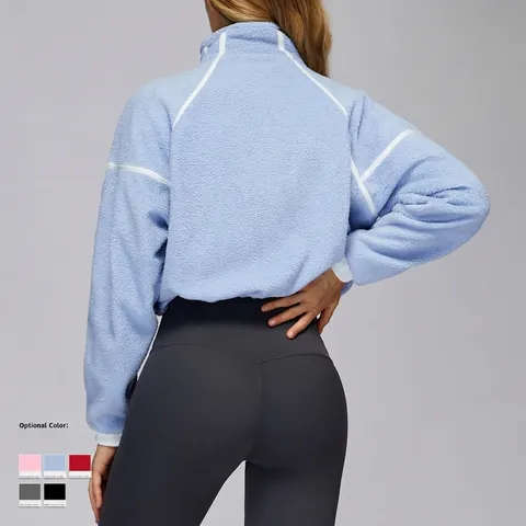 Chaqueta De Forro Polar Para Mujer Media Cremallera Cuello Alto Sudadera Corta Rayas En Contraste Pulóver Cálido Sport