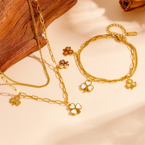 Double Layer Stainless Steel Four Leaf Clover Heart Jewelry Mother Of Pearl Pendant Necklace Bracelet For Women Fashion Elegant Jewelry