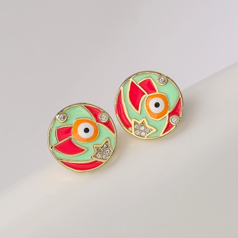 Round Evil Eye Ear Studs Copper Gold Plated Enamel Drip Oil Cubic Zirconia Geometric Small Delicate Jewelry For Women