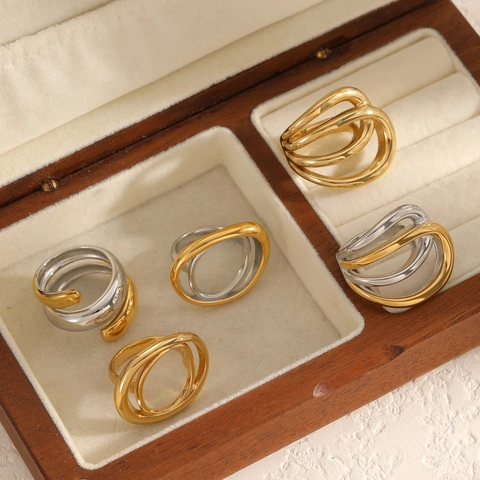 Geometric Stacked Line Rings 18K Gold Plated 304 Stainless Steel Two Tone Mixed Metal Artistic Jewelry For Women