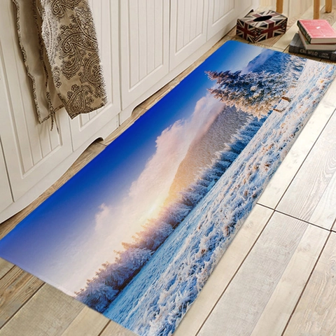Winter Snow Scene Forest Mountain Floor Mat Flannel Absorbent Non-Slip Door Mat For Living Room Bathroom Rug