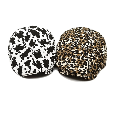 Béret Plat Imprimé Léopard Et Vache Coton Polyester Vintage Ivy Casquette Avec Boucles Métalliques Pour Femmes Extérieur