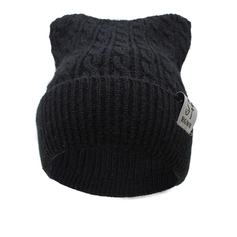 Gorro De Punto Trenzado Mezcla Algodón Pelo De Conejo Grueso Cálido Invierno Color Sólido Orejas De Gato Parche