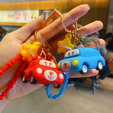Cute Cartoon Animal Pull-back Car Keychain PVC Pig Dog Bear Bag Pendant Charm Key Ring For Kids Women Gift Daily Accessories