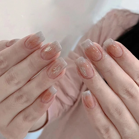 Coffin Press On Nails Smudge Gradient Sunset Glow Glossy ABS Plastic Ballerina False Manicure For Women Silver Foil