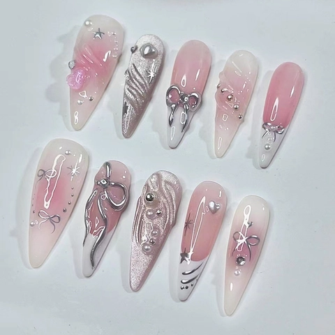 Uñas Postizas Rosa Blanco Degradado Ojo De Gato Brillo Largo Almendra Lazo 3D Estrella Corazón Perla Artificial Elegante Femenino