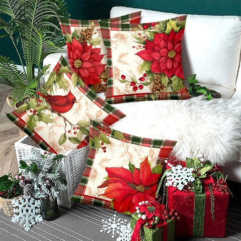 Weihnachten Dekorative Kissenbezüge Roter Kardinal Poinsettie Blumen Karo Muster Polyester Quadratisch Dekoration