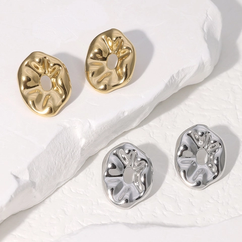 Irregular Hollow Geometric Stainless Steel Stud Earrings Vintage Wrinkle Texture French Style Fashion Jewelry For Women