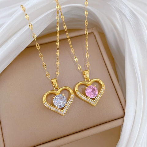 Herz Anhänger Halskette Titanstahl Kette Kupfer Mikro Eingelegt Zirkonia Eleganter Minimalistischer Schmuck Für Frauen