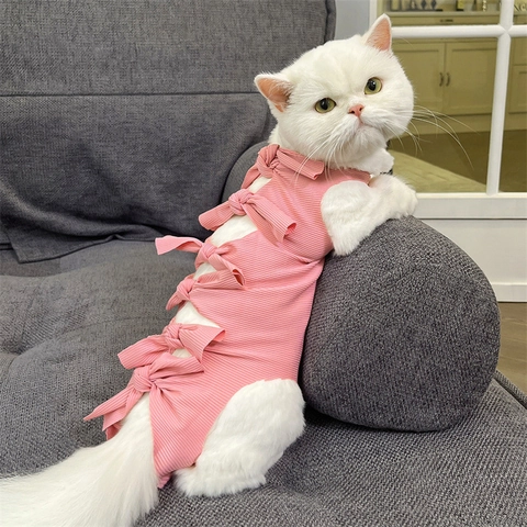 Pet Recovery Suit Sterilization Clothing Ribbed Cotton Anti Lick Wound Protection Back Bow Tie Cats Small Dogs