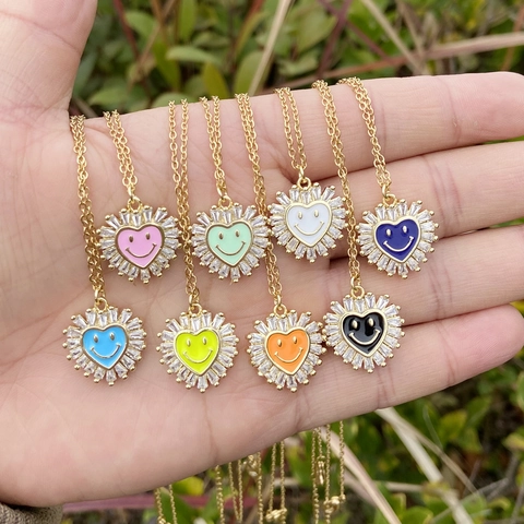 Heart Pendant Necklace Stainless Steel Micro Zircon Enamel Smile Face Fashion Jewelry For Women