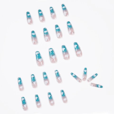 Long Coffin Press On Nails Blue Pink Ombre Cloud Rhinestone Glitter Fake Nails Artificial Finger Nails For Women