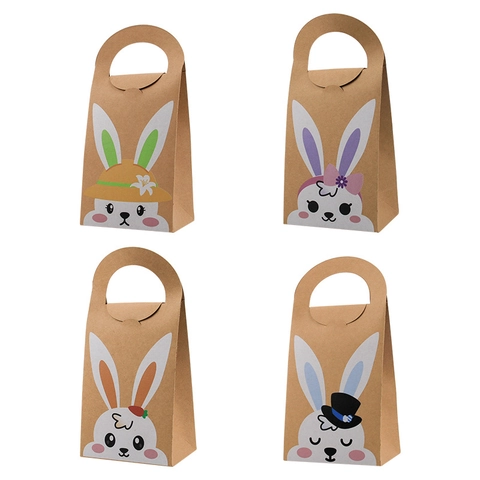 Easter Bunny Kraft Paper Gift Bags Cartoon Rabbit Handheld Candy Box Festive Party Favor Packaging Folding Handle Treat Bag