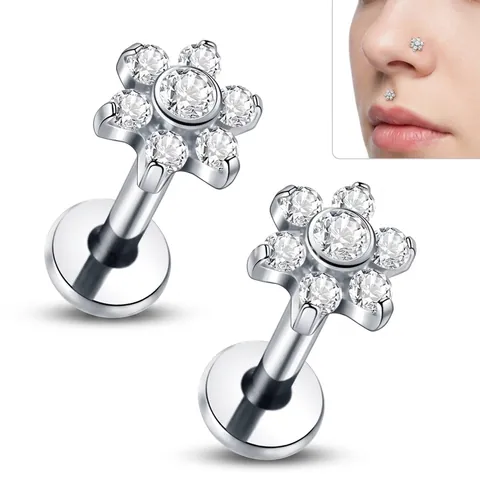 Stud Labret Fleur Titane G23 Zircon Clair Boucle Oreille Cartilage Dos Plat Bijoux Piercing Mode Femmes