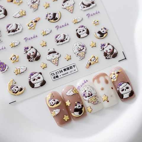 Autocollants Ongles 5D Relief Panda Animaux Dessins Animés Auto Adhésifs Décoration Manucure DIY