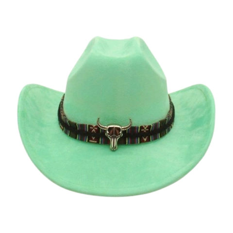 Vintage Western Cowboy Hut Damen Ethno Webband Metall Stierkopf Wildleder Fedora Hut Outdoor Urlaub Breitkrempiger Sonnenhut