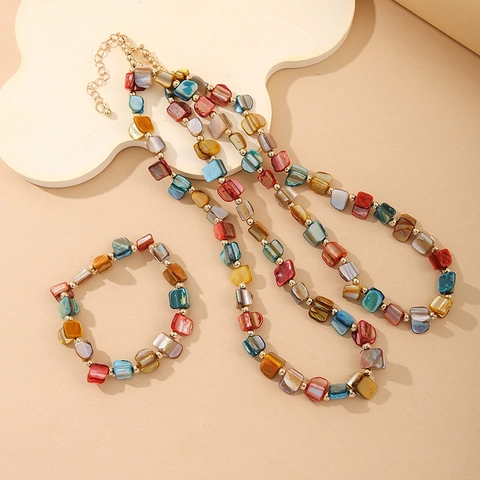 Colorful Irregular Shell Stone Beaded Necklace And Bracelet Bohemian Layered Multi Layer Jewelry For Women