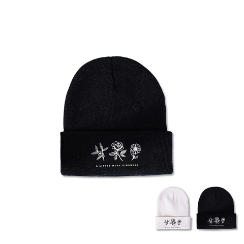 Acrylic Beanie Hat With Flowers Embroidery And Slogan Folded Cuff Warm Knitted Cap For Winter Outdoor Unisex