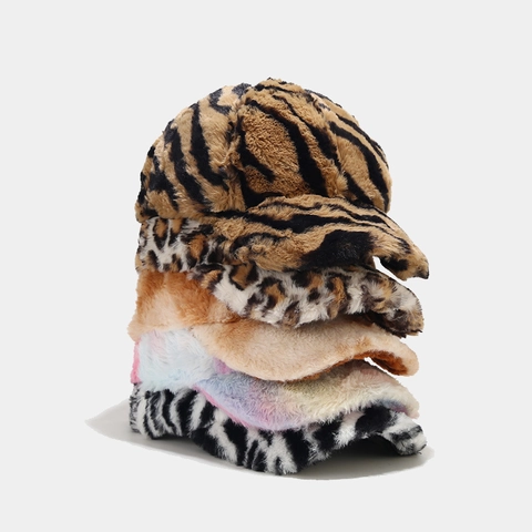 Baseball Hat Faux Fur Plush Warm Winter Outdoor Windproof Animal Print Leopard Zebra Tie Dye For Women