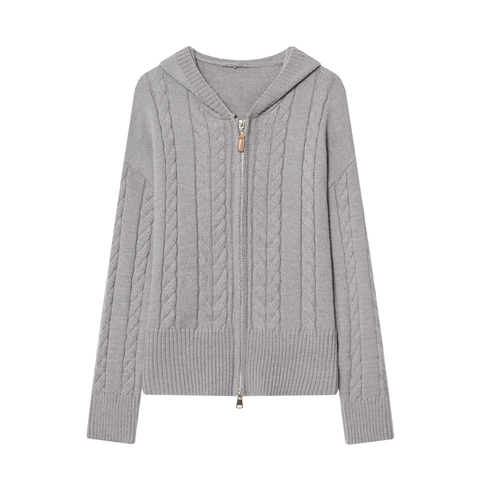 Cárdigan Con Capucha De Punto Trenzado Para Mujer Suéter Con Cremallera Manga Larga Color Sólido Elegante Tops