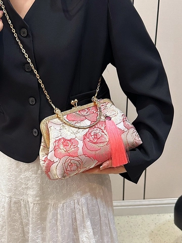 Borsa Da Sera Con Ricamo Floreale Retrò Borsa A Mano In Broccato Kiss Lock Con Catena In Metallo E Nappina Da Donna