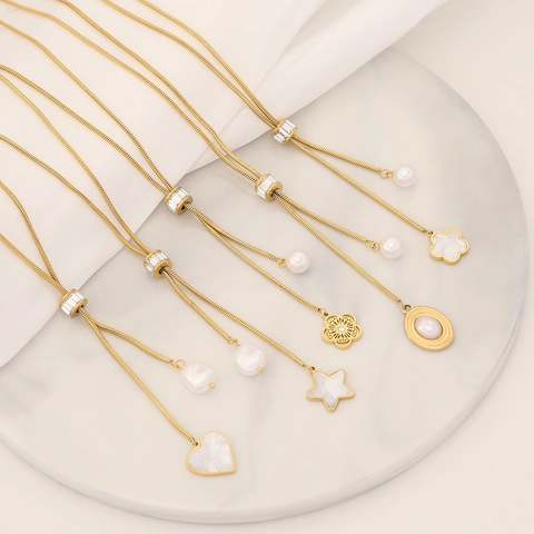 Collana Lariat In Acciaio Inossidabile Catena A Serpente Regolabile Con Perla Artificial Madreperla Cuore Stella Fiore Da Donna