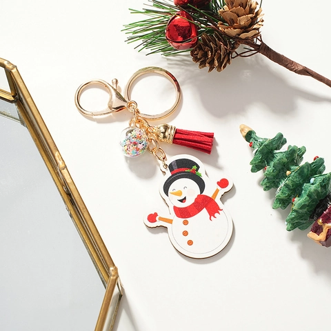 Portachiavi Pupazzo Di Neve Di Natale Con Nappa Rossa E Sfera Con Paillettes Stella Lega Legno Regalo Decorativo
