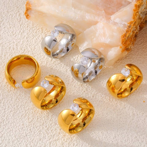 Open Ring Van Roestvrij Staal Verguld Ronde Zirkonia Grove Brede Band Minimalistisch Gepolijst Sieraden Dames