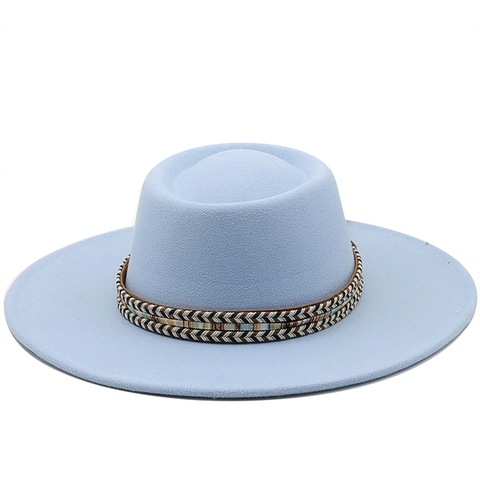 Vintage Wide Brim Wool Felt Fedora Hat With Ethnic Woven Band Flat Top Retro Style Accessories For Men Women Outdoor