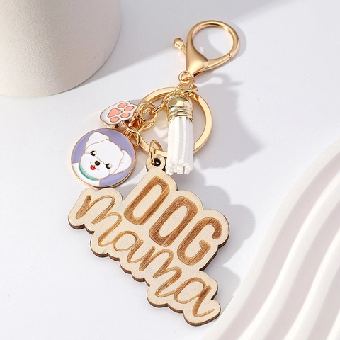 Dog Mama Keychain Wood Metal Enamel Dog Charm Paw Print Tassel Key Ring Gift For Pet Lovers Women